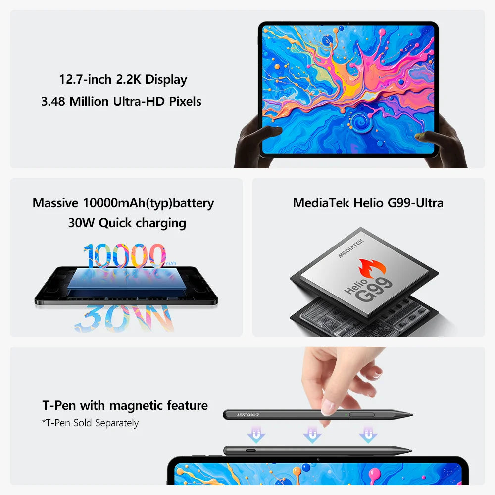 Teclast ArtPad Pro 12.7 "2.2K UHD affichage 20GB RAM (8 + 12 virtuels) 256GB ROM Helio G99 10000mAh 30W Android 15 tablette Global LTE