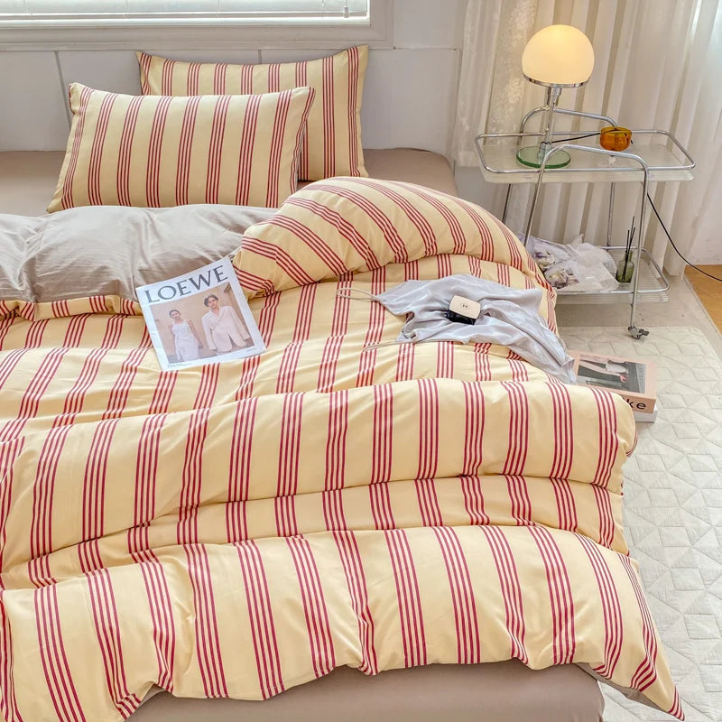 Parure de lit rayée pour enfants et adultes, style INS, double, reine, taille athlon, housse, drap plat, taie d'oreiller, linge de lit, couette, textile de maison