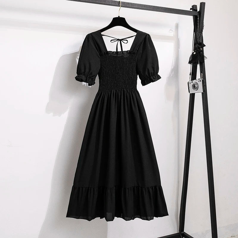 Printemps été robes en mousseline de soie mode femme taille élastique à manches courtes plissée tenue décontractée femmes robes a-ligne robes