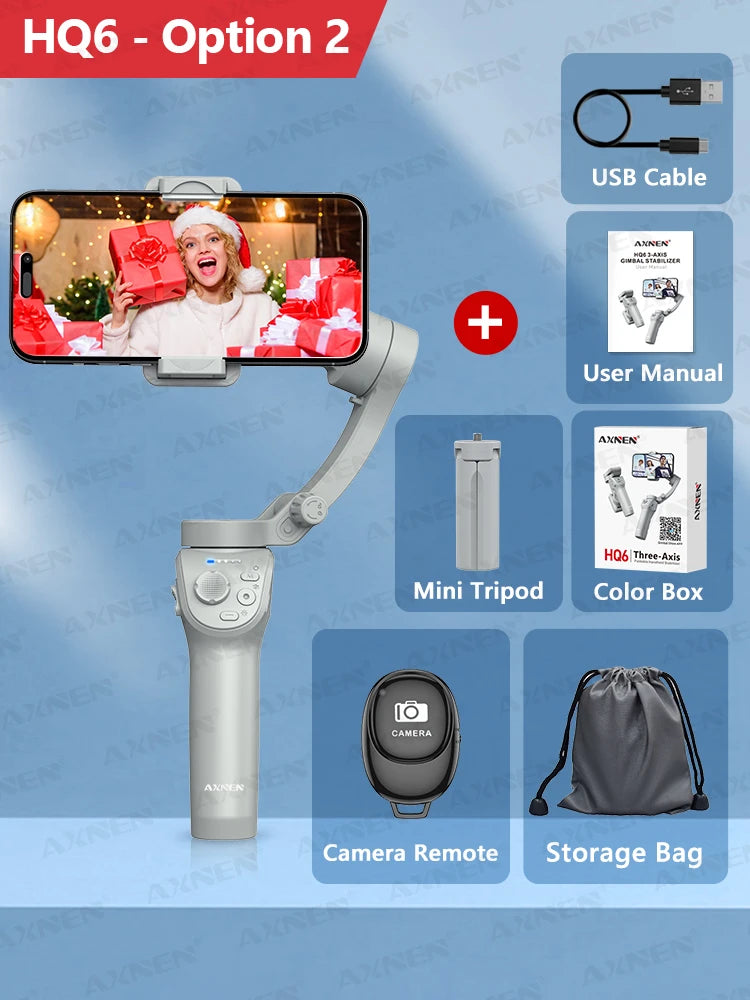 Cardan AXNEN HQ6 pour smartphone, cardan portable 3 axes, avec suivi intelligent, lumière de remplissage, zoom, stabilisateur pour iPhone Android