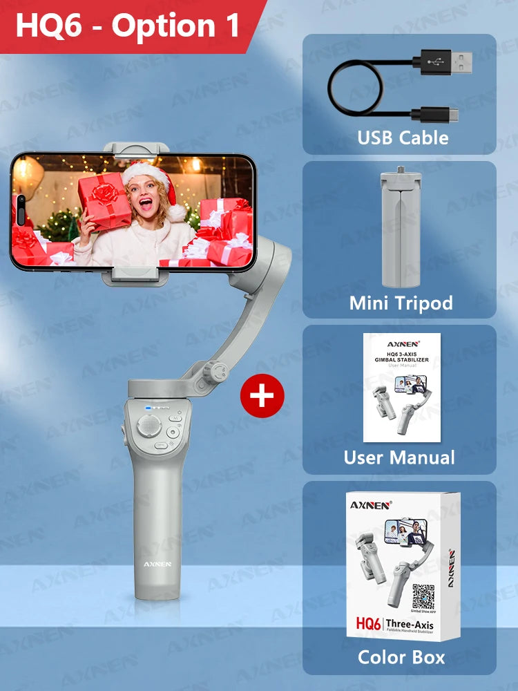 Cardan AXNEN HQ6 pour smartphone, cardan portable 3 axes, avec suivi intelligent, lumière de remplissage, zoom, stabilisateur pour iPhone Android