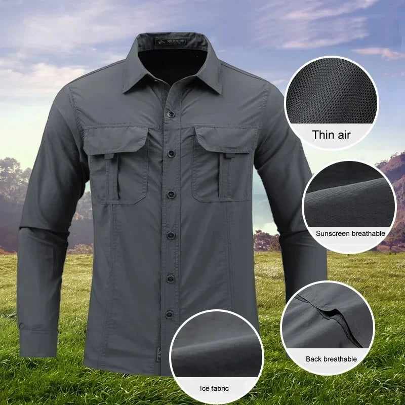 Chemises tactiques d'été à manches longues pour hommes, multi-poches pour l'extérieur, vert armée, imperméable, Camping, pêche, Cargo, été