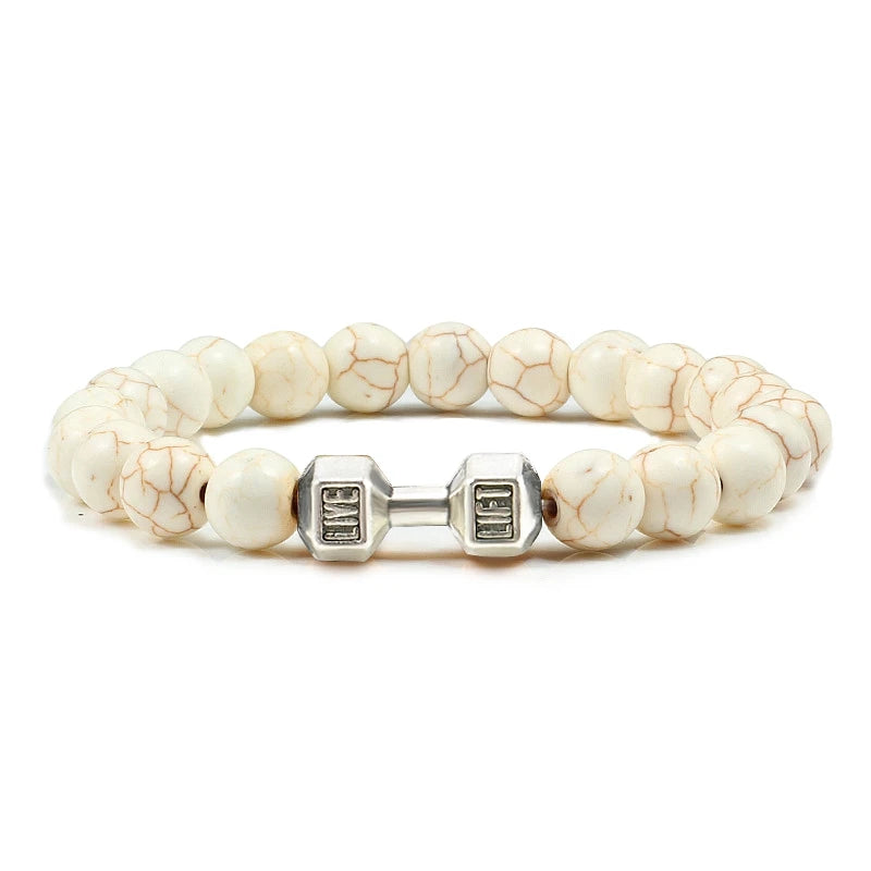 Bracelet en pierre volcanique naturelle Hommes Noir mat Lave Blanc Perles Breloque Haltère Brins Bracelets Femmes Barre Fitness Bijoux