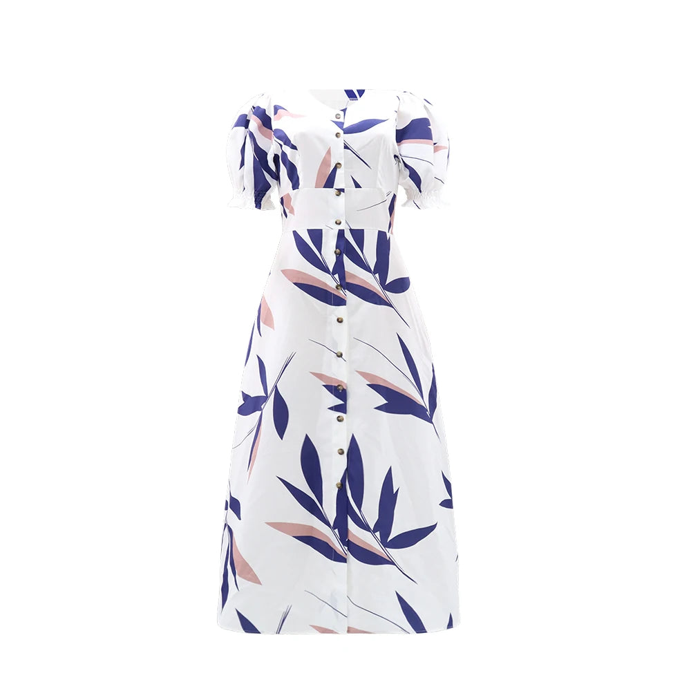 Leaves Print Single Breasted Dress, Elegant V-neck Aline Short Sleeve Dress For Spring & Summer, Women's Clothing