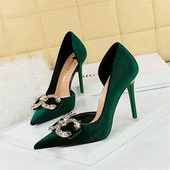 Mode femmes talon haut strass boucle arc vert rose bout pointu pompes de fête velours luxe élégant mariage chaussures de soirée