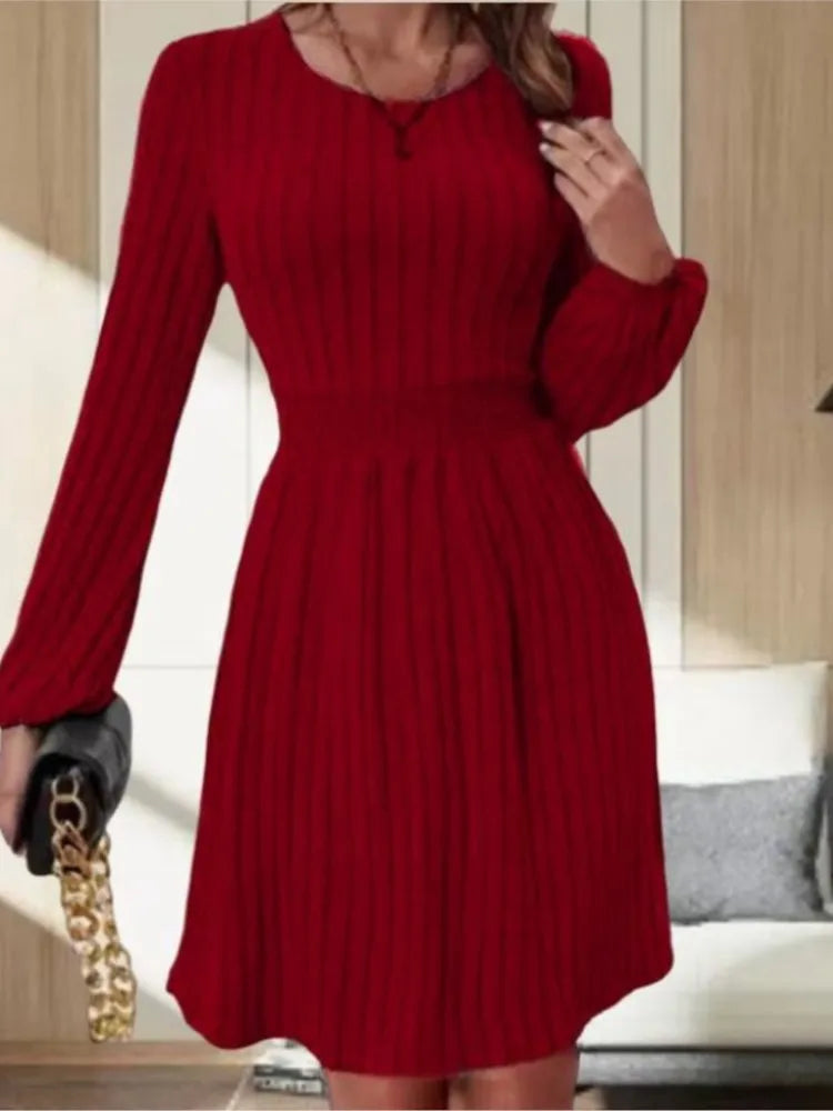 Printemps automne femmes nouveau Style Pit Bar col rond à la mode petite lanterne poignets tirant dos taille a-ligne robe mi-longue