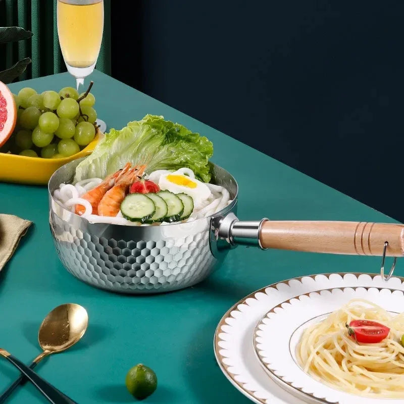 Casserole en acier inoxydable, manche en bois massif avec crochet, poêle à Sauce polyvalente avec becs verseurs, marmite à Sauce, marmite de cuisson