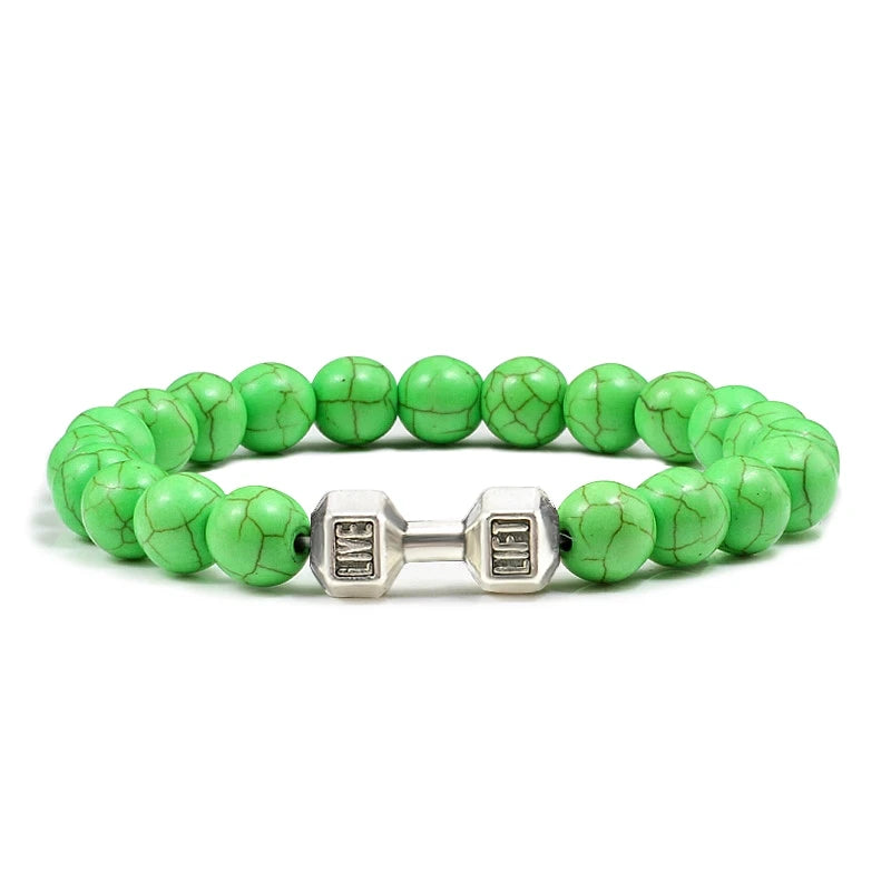 Bracelet en pierre volcanique naturelle Hommes Noir mat Lave Blanc Perles Breloque Haltère Brins Bracelets Femmes Barre Fitness Bijoux