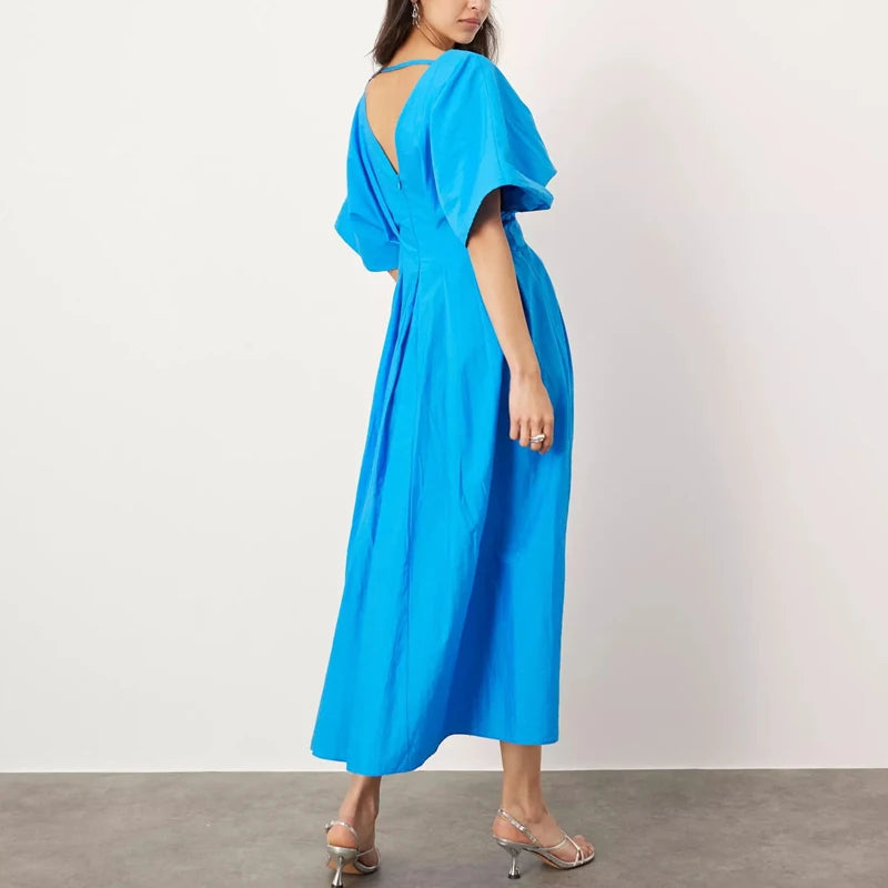 Robe de soirée française pour femmes, couleur unie, col en v, taille haute, longue, bureau, élégante, plissée, manches courtes, ligne a, nouvelle collection été 2024