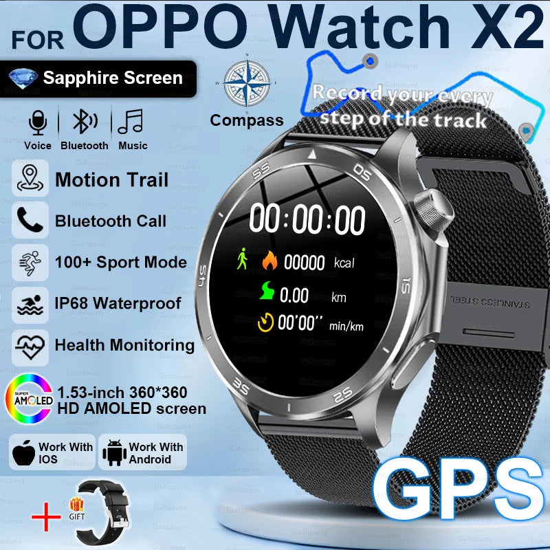 Pour OPPO X2 GPS montres intelligentes homme 360*360 AMOLED écran fréquence cardiaque Bluetooth appel IP68 étanche boussole sport Smartwatch 2025