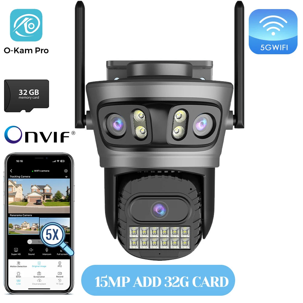 Caméra Wifi d'extérieur 20MP Caméra HD 10K à trois objectifs Caméra IP PTZ 5G Objectif zoom numérique 10X Caméra de  suivi humain AI Auto Detect Caméra de sécurité Caméra de sécurité pour la maison Caméra Wifi e