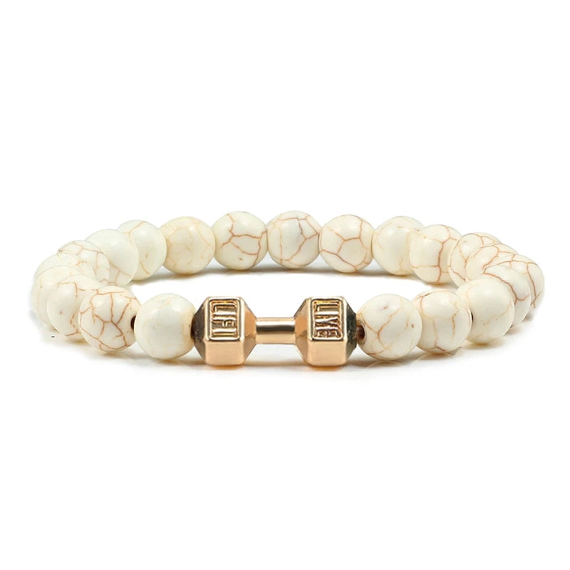 Bracelet en pierre volcanique naturelle Hommes Noir mat Lave Blanc Perles Breloque Haltère Brins Bracelets Femmes Barre Fitness Bijoux