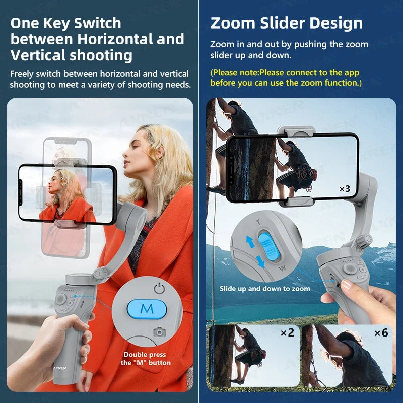 AXNEN HQ6 Gimbal à Main 3 Axes Intelligent avec Lumière de Remplissage pour iPhone, Samsung, Huawei, Xiaomi, VIVO, OPPO, Suivi du Visage, Kit TikTok et Vlog