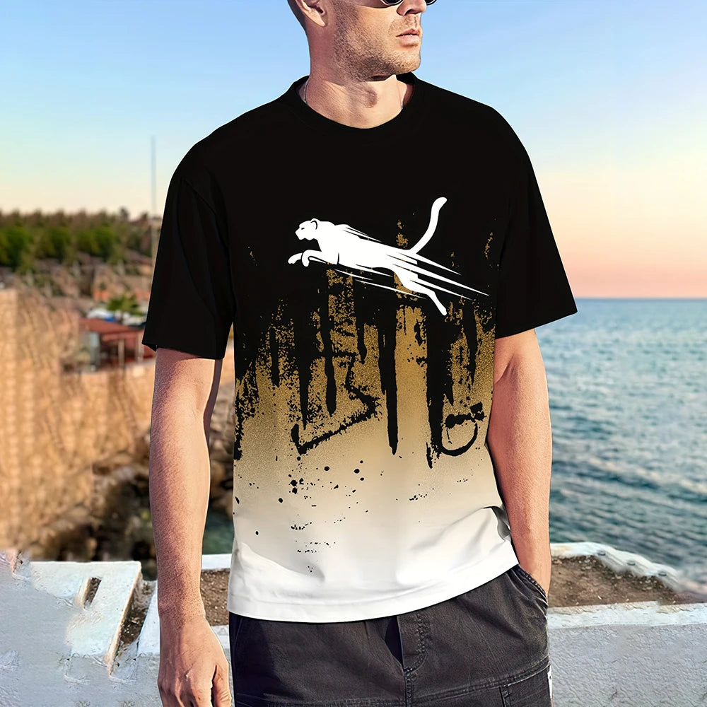 Casual Men's T-Shirt Color Contrast Print T-shirt Male Casual Loose Short Sleeved Tshirt Summer Outdoor Oversized Men Clothing