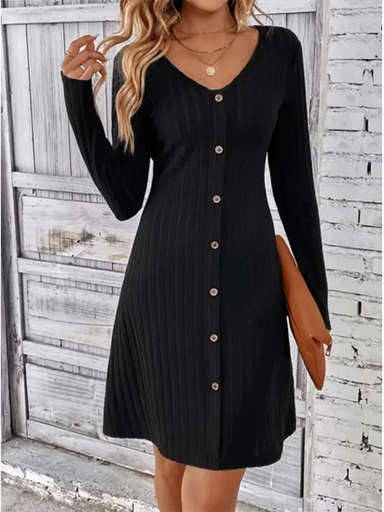 Robe boutonnée à col en v pour femmes, monochromatique, ligne a, décontractée, confortable, tendance printemps automne
