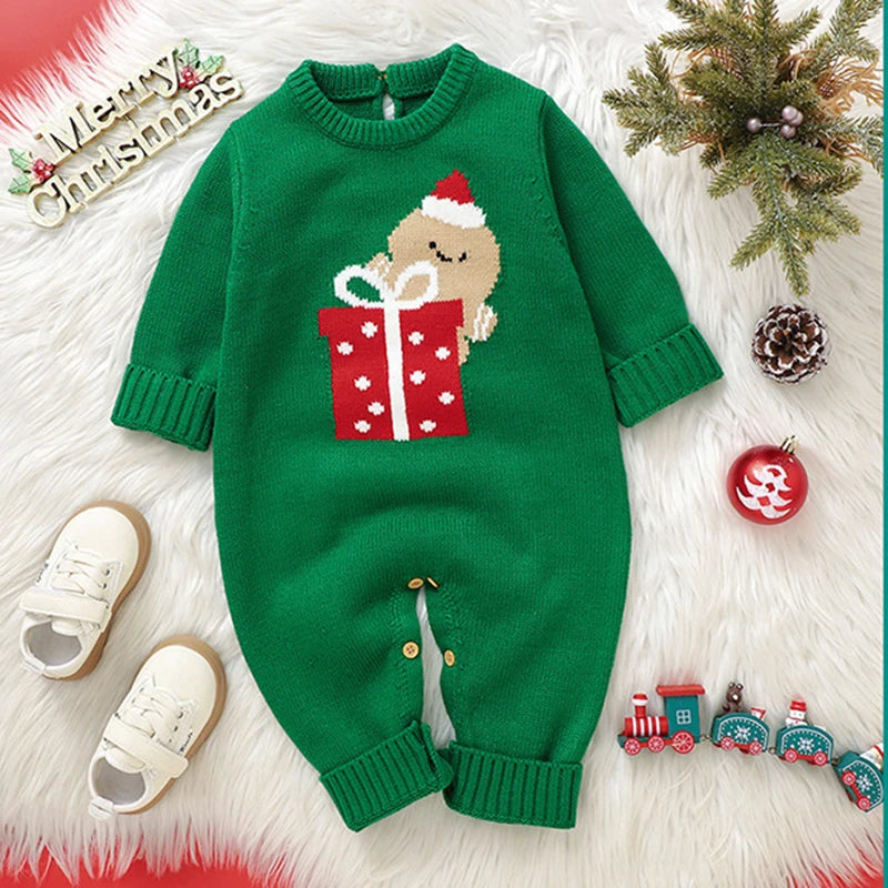 2025 Combinaison de Noël unisexe pour bébé Vert Vêtements mignons pour nouveau-né Automne Hiver Garçons Filles Col rond Cadeau de Noël Body en tricot