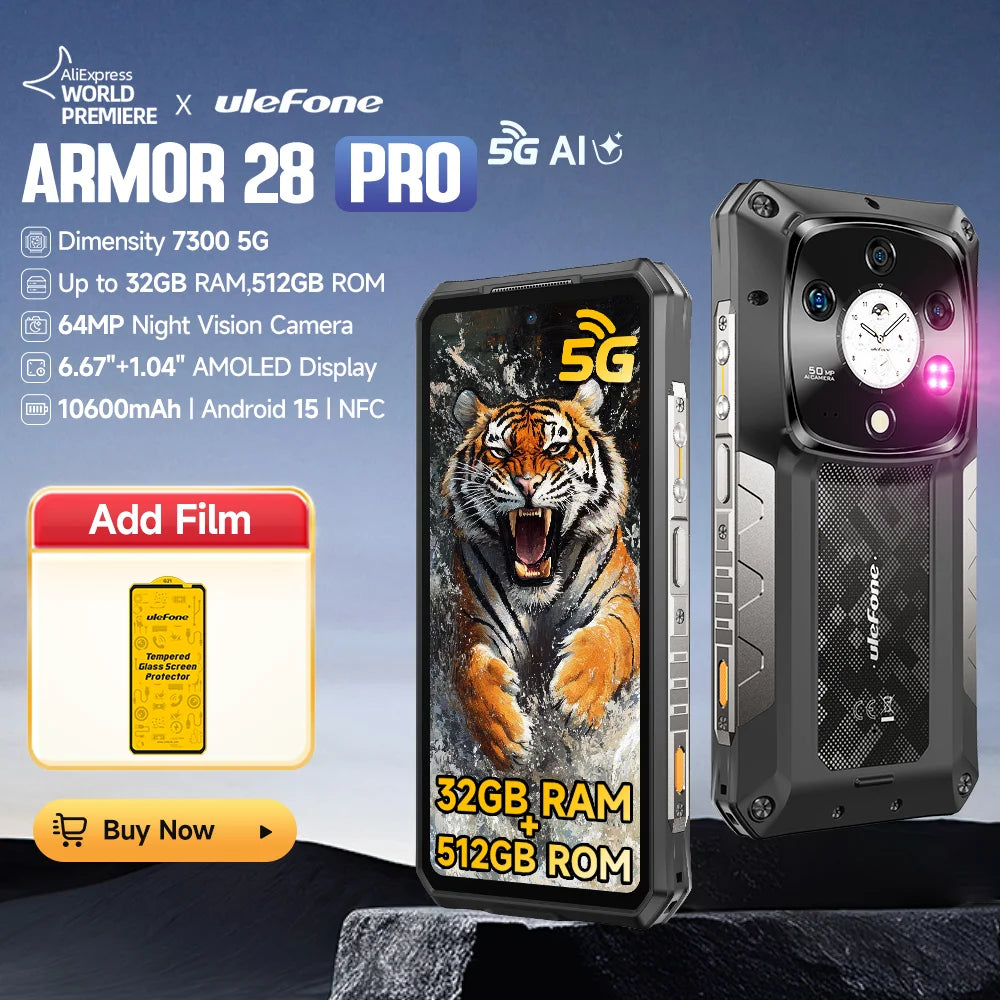 【Première mondiale】Ulefone Armor 28 Pro 5G Téléphone robuste AI 32 Go RAM 512 Go ROM Smartphone 120 W MTK Dimensity 7300 Téléphone portable 10600 mAh 6,67 "AMOLED