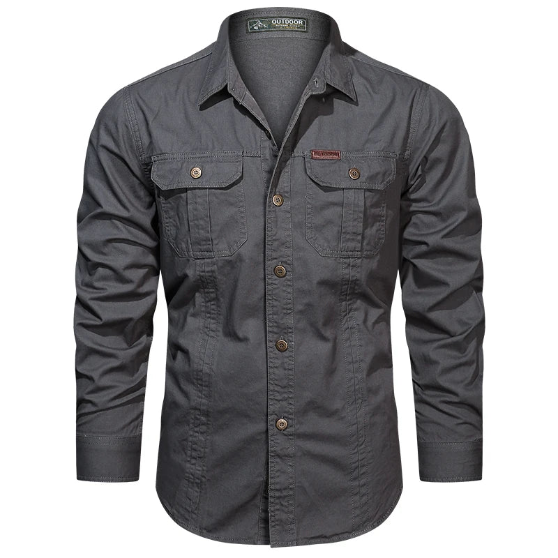 Chemise Cargo à manches longues pour hommes, chemises décontractées en coton, de haute qualité, surchemise militaire, vêtements de marque, chemisiers noirs 5XL, 2023