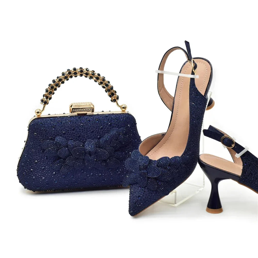 Ensemble de chaussures et de sacs italiens de luxe pour femmes, escarpins de mariage à bout pointu, talons hauts, strass, ensemble de chaussures et de sacs de fête pour dames