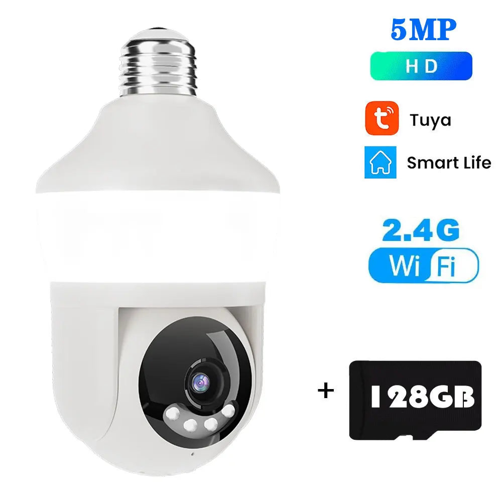 Tuya E27 ampoule double écran WiFi caméra 5MP intérieur 5x Zoom PTZ caméra de sécurité IR couleur Vision nocturne Surveillance sans fil
