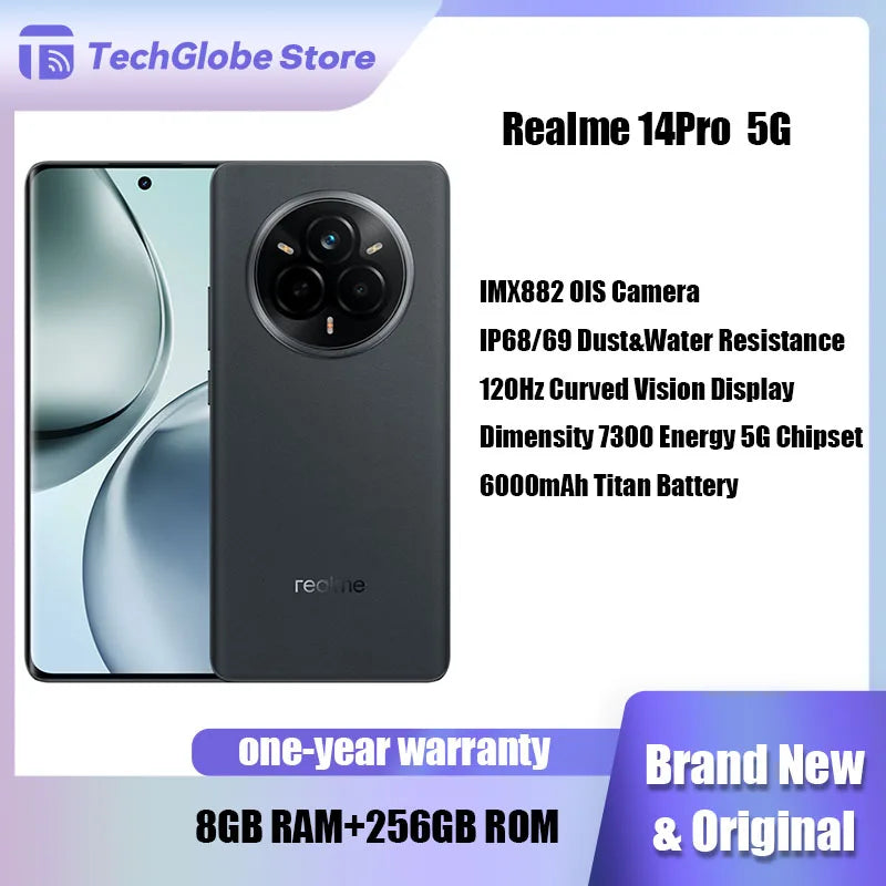 Nouveau téléphone original realme 14 Pro 5G 6.67 "NFC dimension 7300 énergie 8GB RAM 256GB ROM 6000mAh batterie 50MP OIS caméra Smartphone