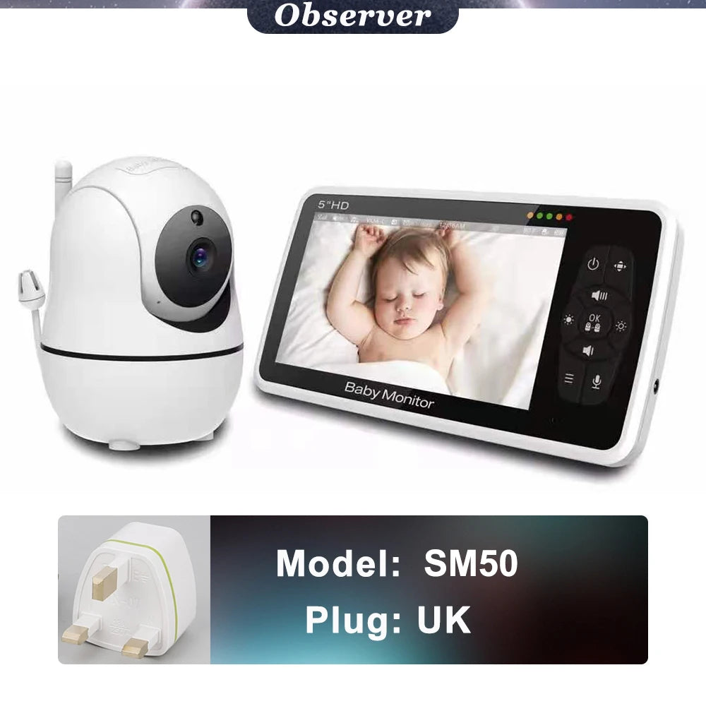 Moniteur vidéo pour bébé de 5 pouces avec caméra, zoom 4X, surveillance de la température, audio bidirectionnel, baby-sitter électronique, berceuse intégrée, SM50