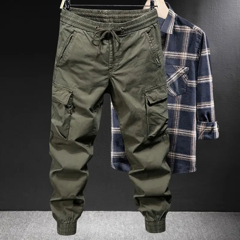 Spring Autumn New Fashion Solid Color Elastic Waist Drawstring Men's Clothing Casual Pockets Korean Bound Feet Thin Cargo Pants