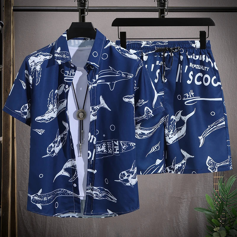 Ensemble de plage hawaïenne pour hommes Chemise à manches courtes à simple boutonnage et shorts Tenue de voyage décontractée pour vacances d’été