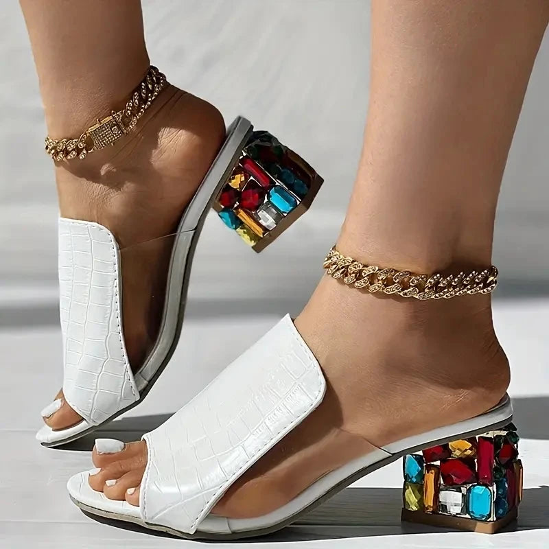 Femmes sandales en cristal 2024 nouveau printemps été sandales à bout ouvert talons carrés plage mode sandales femmes Sandalias De Mujer