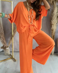 Été décontracté ample deux pièces ensemble femmes mode col en v pantalons ensembles femmes élégant manches chauve-souris Homewear tenues 2 pièces ensembles