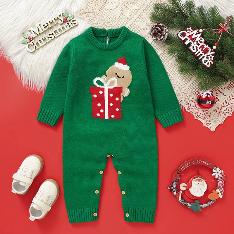 2025 Combinaison de Noël unisexe pour bébé Vert Vêtements mignons pour nouveau-né Automne Hiver Garçons Filles Col rond Cadeau de Noël Body en tricot