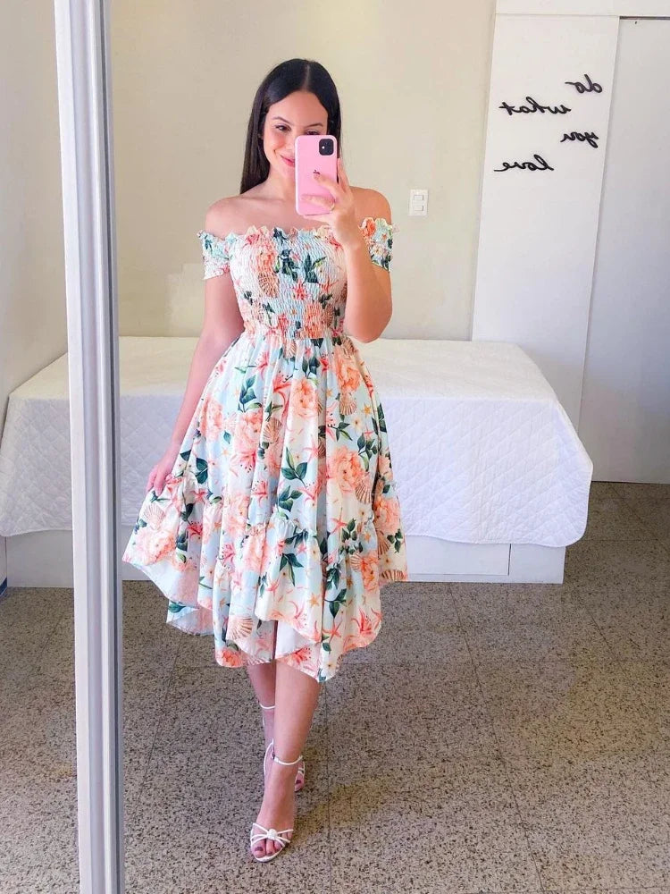 Robes d'été dames Sexy épaules dénudées fleur imprimé robe élégante à manches courtes élastique irrégulière tenue décontractée Vestido De Mujer