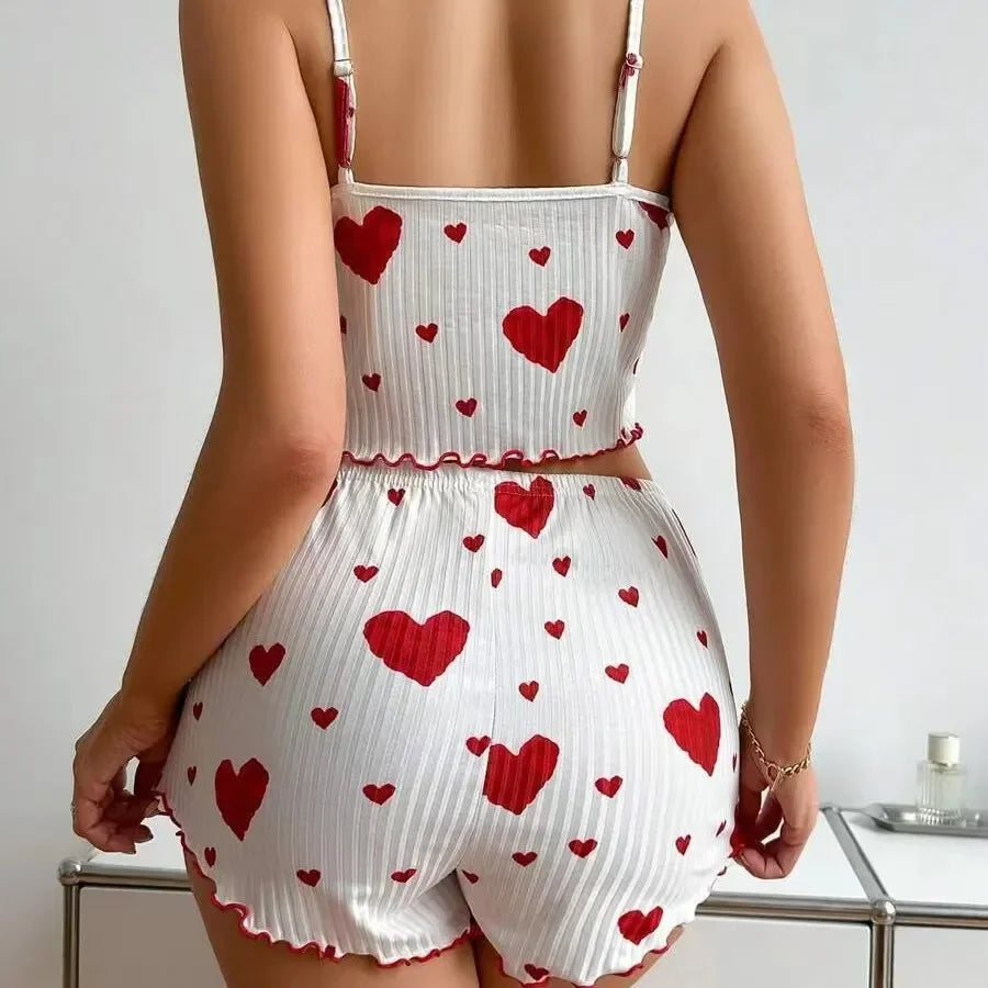 Ensemble pyjama d'été pour femmes, 2 pièces, doux, décontracté, imprimé amour, débardeurs et shorts, ensemble de Lingerie, vêtements de détente