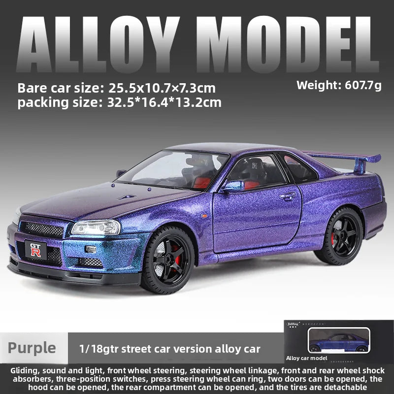 Grande taille 1/18 échelle Nissan GT-R R34 horizon alliage voiture modèle moulé sous pression jouet voiture pour garçons JDM voiture de course jouet cadeau passe-temps à collectionner