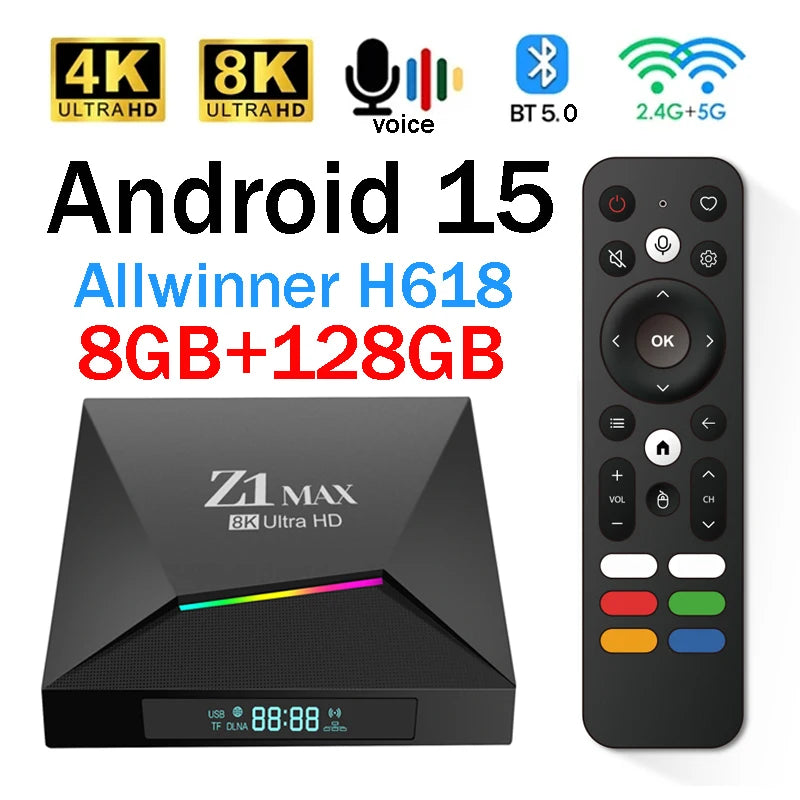 Z1 Max TV Box Android 15 iptv Allwinner H618 Quad Core 4G 5G double WiFi HD 8K 4K lecteur multimédia BT 5.0 prise en charge vocale télécommande TV Box