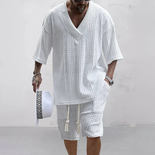 Ensemble deux pièces tricoté pour hommes, T-shirt et Short décontractés, col en v, manches courtes, Streetwear, tenues en tricot, été 2024