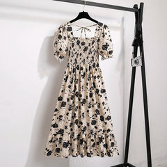 Printemps été robes en mousseline de soie mode femme taille élastique à manches courtes plissée tenue décontractée femmes robes a-ligne robes