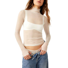 T-shirt à col roulé à manches longues pour femmes, maille transparente à pois, haut court, vêtements grunge, streetwear sexy, nickel é en Y