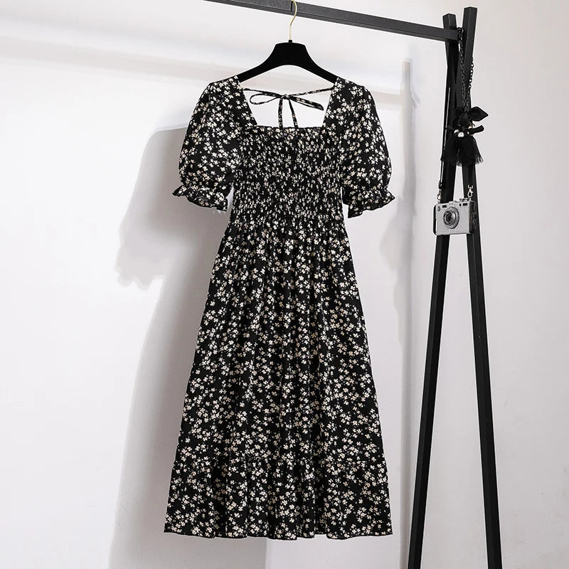 Printemps été robes en mousseline de soie mode femme taille élastique à manches courtes plissée tenue décontractée femmes robes a-ligne robes