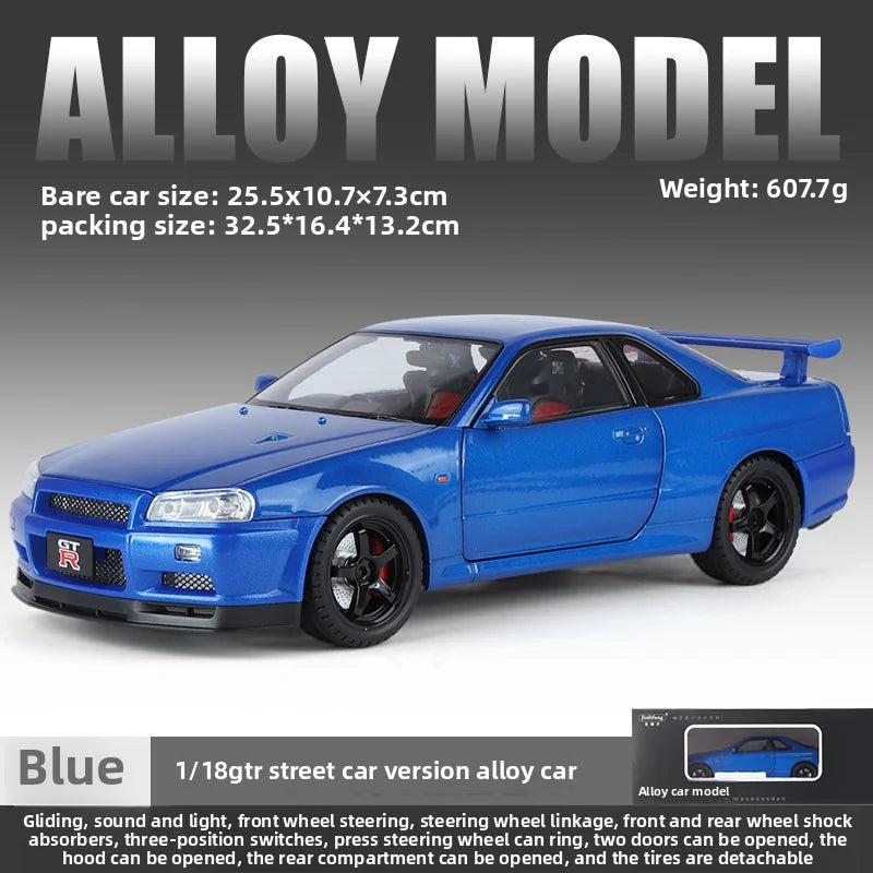 Grande taille 1/18 échelle Nissan GT-R R34 horizon alliage voiture modèle moulé sous pression jouet voiture pour garçons JDM voiture de course jouet cadeau passe-temps à collectionner