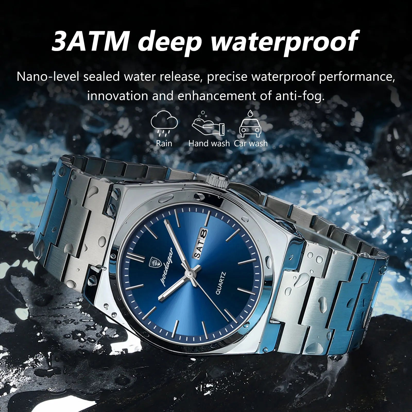 POEDAGAR Montre de luxe pour homme étanche lumineux Date Semaine en acier inoxydable Hommes Montre Casual Quartz Montres pour hommes Horloge masculine + boîte
