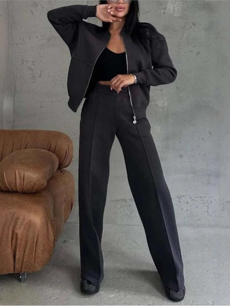 Autumn Winter Fashion Zip Jacket Wide Leg Pants Two Piece Set  2025 Women Casual Long Sleeve Top Sweatshirt Pants Loose Sets