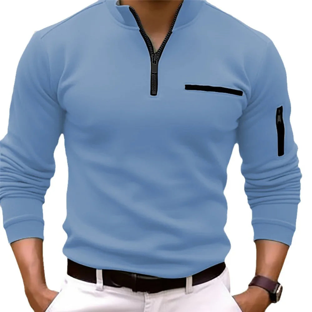 Printemps automne hommes POLO couleur unie fermeture éclair tous les jours décontracté classique confort fausses poches haute qualité à manches longues hauts