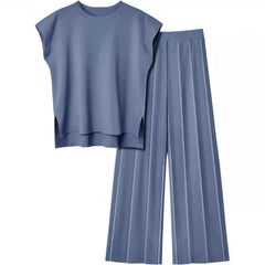 Ensemble deux pièces pour femmes, pantalon, col rond, gilet sans manches, tricot, taille haute, couleur unie, jambes larges, pantalon Long, ample, élégant, épissure