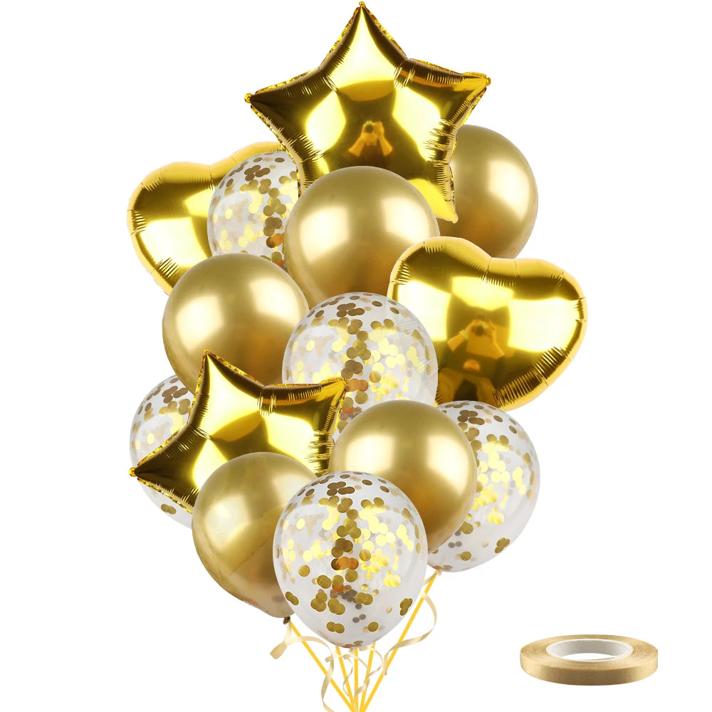 Ballons métalliques en forme d'étoile et de cœur, 14 pièces, ensemble de confettis or rouge bleu rose pour joyeux anniversaire, réception-cadeau pour bébé, mariage