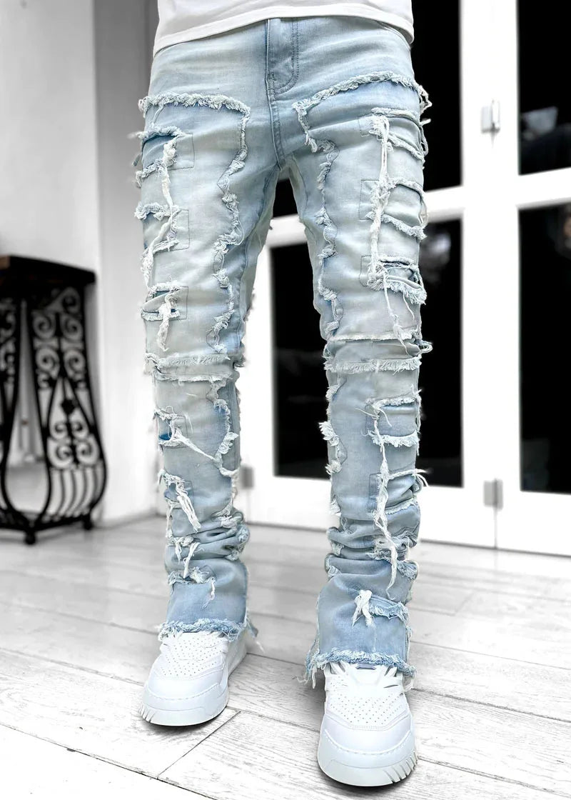 Jean empilé coupe régulière pour hommes déchiré coupe slim patch délavé Pantalon en denim droit détruit Hip Hop Pantalon streetwear tissu