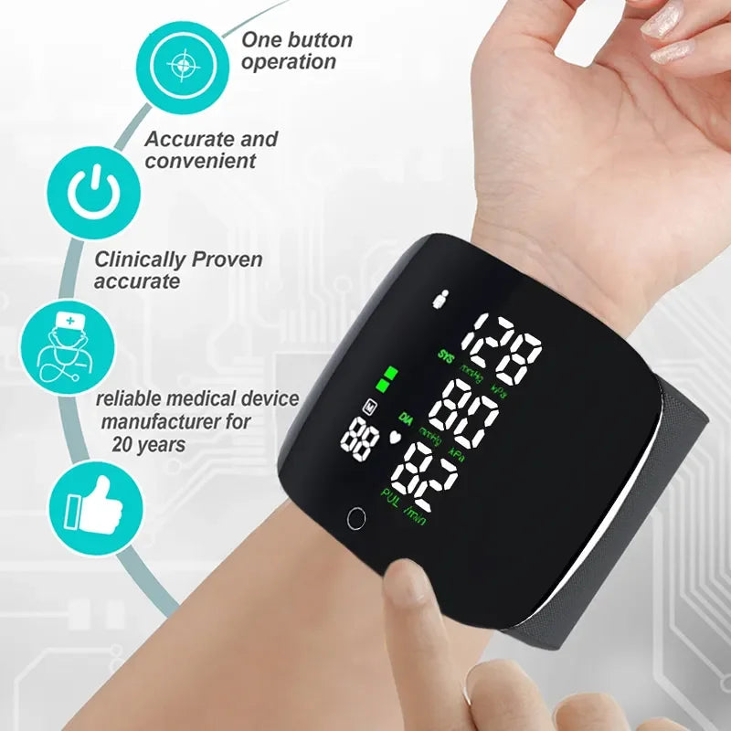 Tensiomètre à chargement vocal au poignet, tensiomètre multifonctionnel, moniteur de fréquence cardiaque, sang grand écran LED
