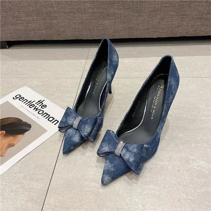 Chaussures à talons minces pour femmes, tête pointue, bouche peu profonde, biscuits, nœud papillon, denim, talons à enfiler, mode, automne, nouveau