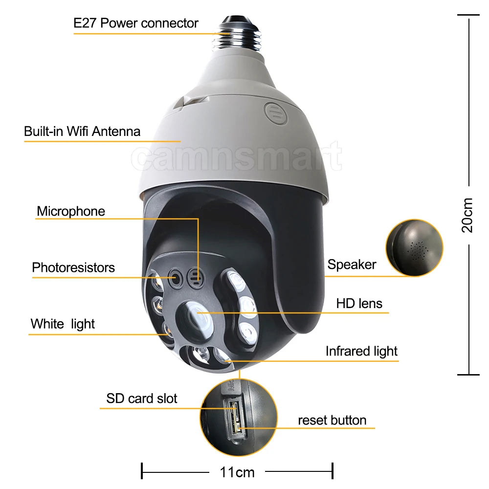 4/5MP Tuya ampoule caméra Wifi IP PTZ extérieur LED Surveillance vidéo corps humain détection de mouvement couleur Vision nocturne sécurité à la maison