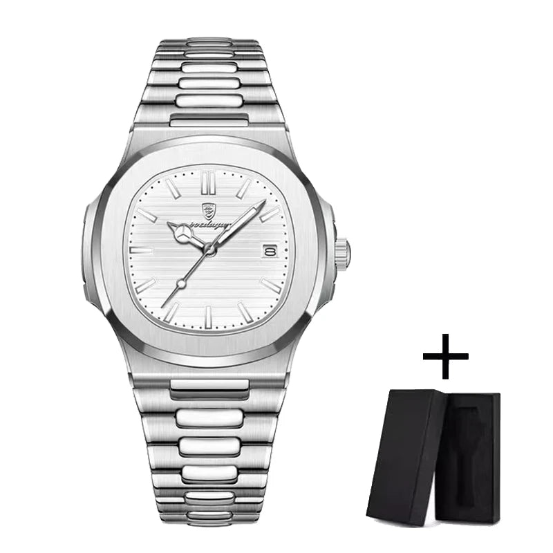 POEDAGAR Montre de luxe Entreprise étanche Horloge masculine Lumineuse Date En Acier Inoxydable Carré Quartz Hommes Montre reloj hombre 2024 Nouveau